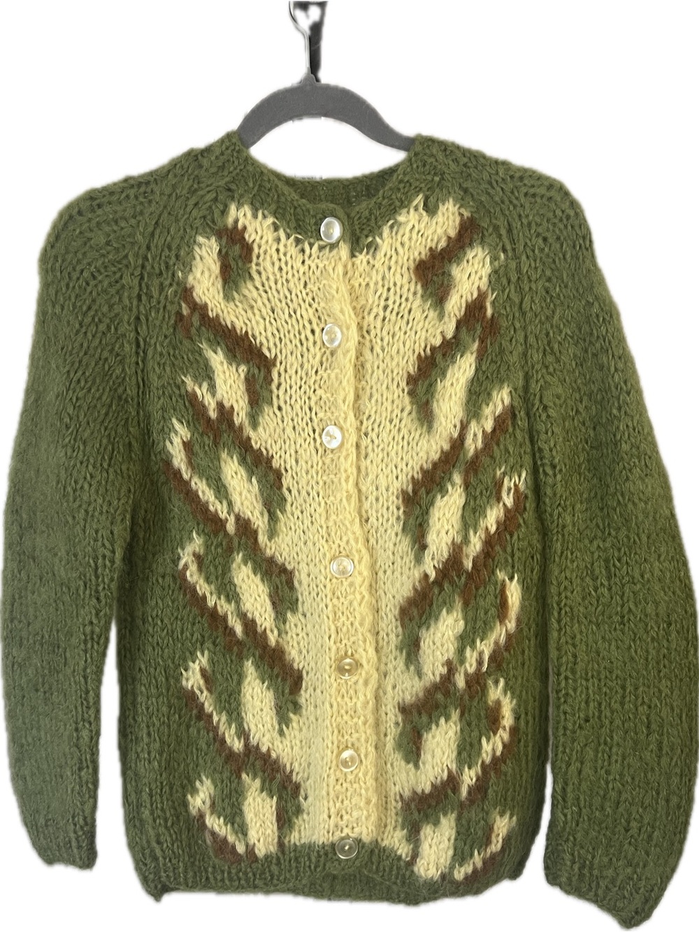 Vintage 60s Fuzzy Mohair Hand-Knit Olive Green Patterned Button Cardigan